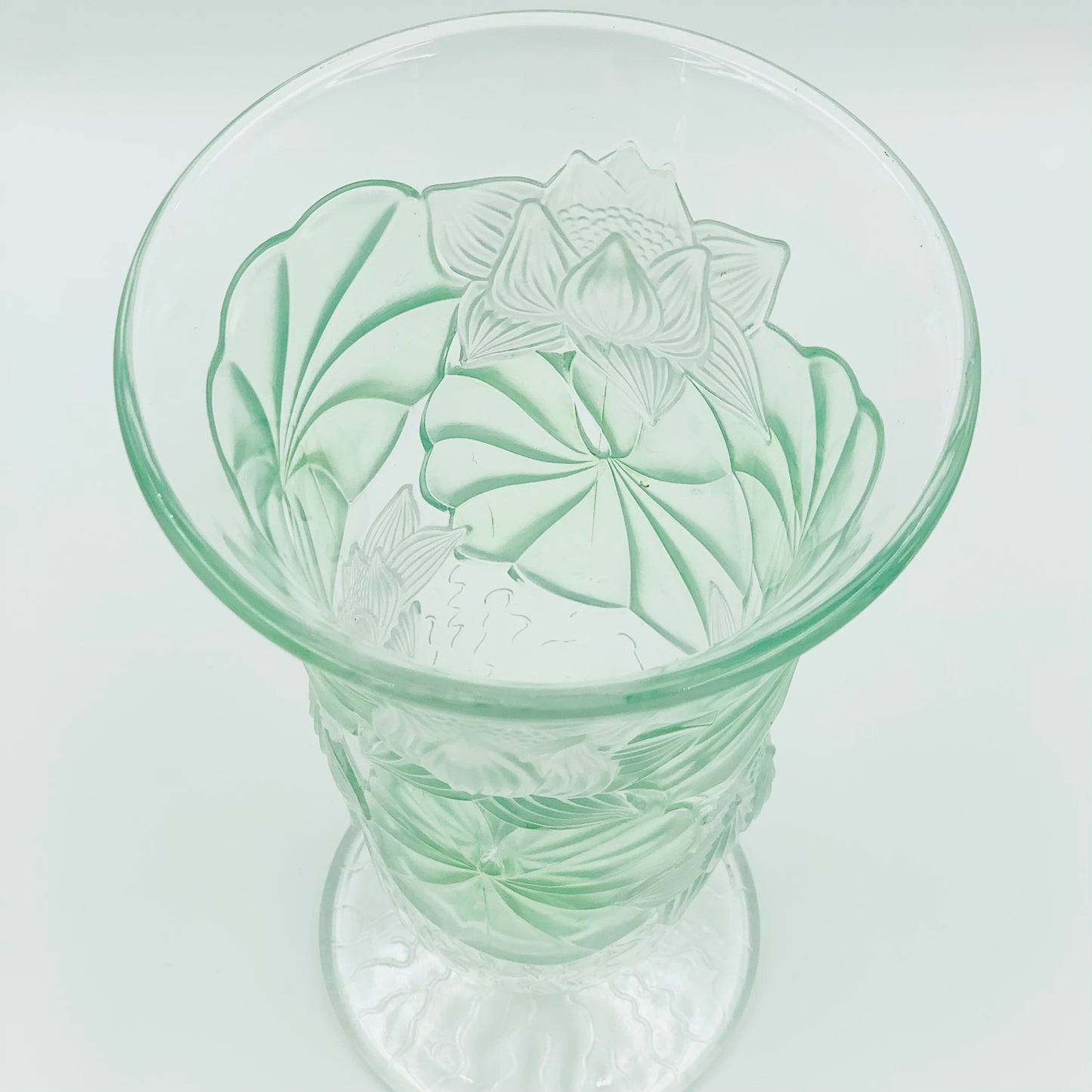 Antique Depression glass footed vase with green floral motif