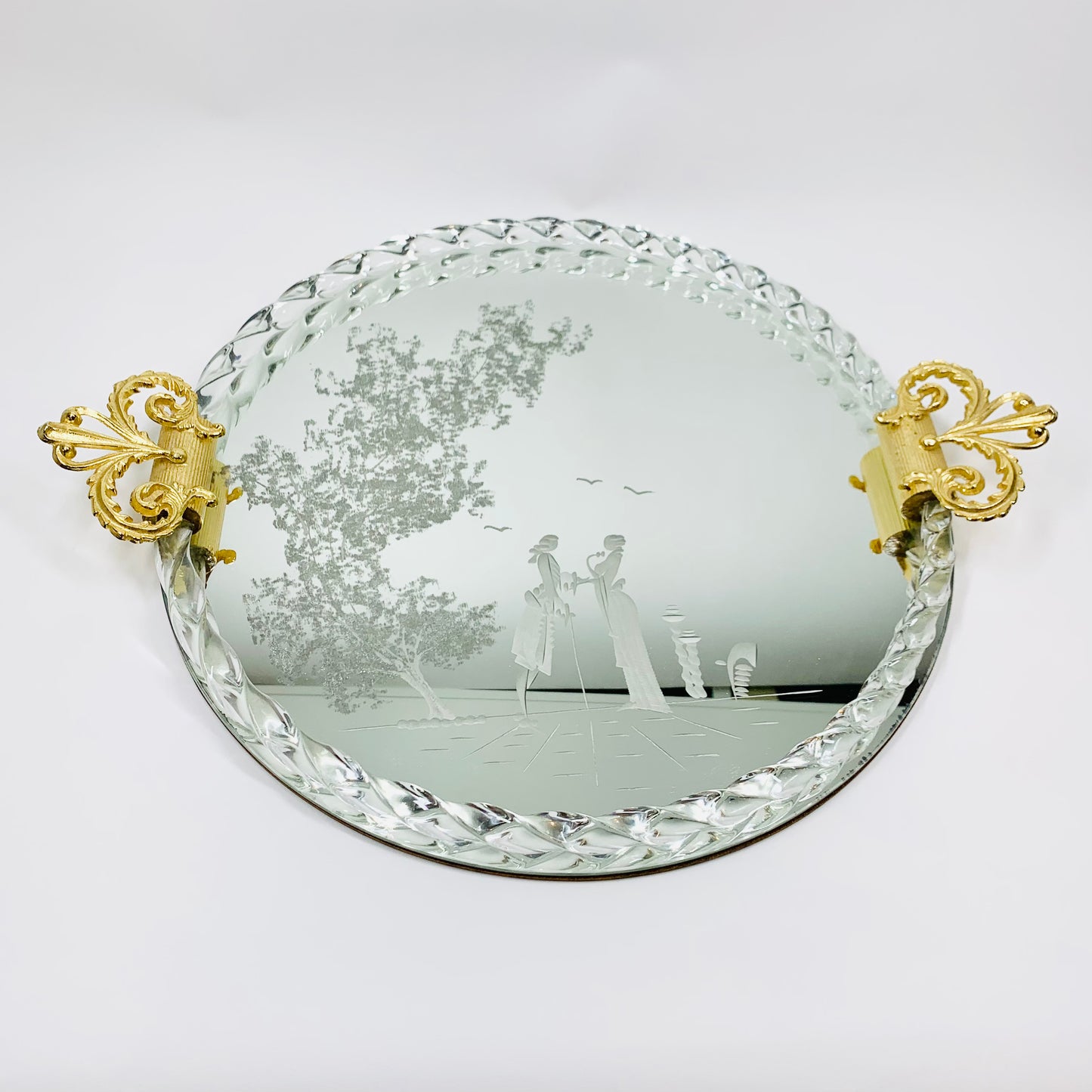 1940s hand etched mirror tray with gold aventurine rope border