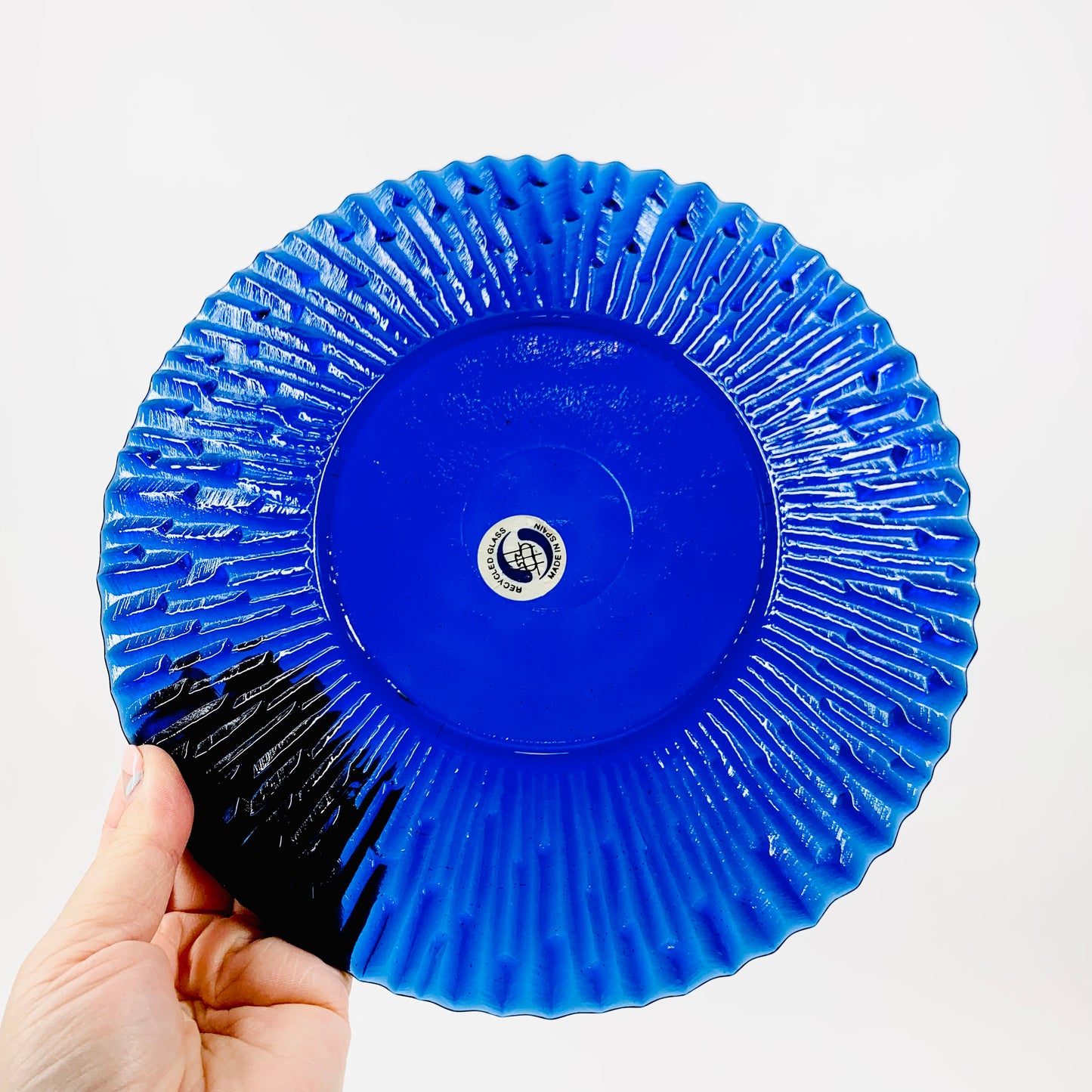 Vintage Spanish recycled pressed blue glass plate
