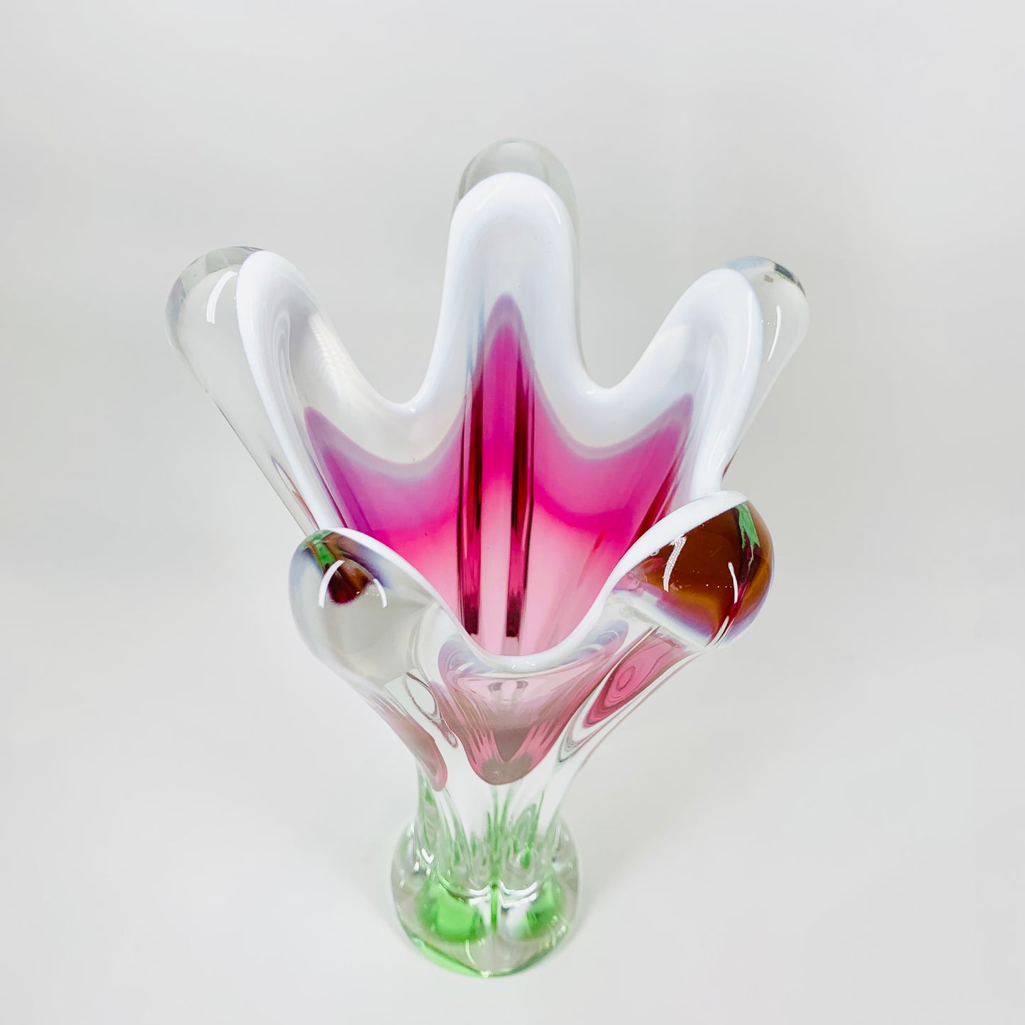 Rare Midcentury large Czech Skrdlovice swung pink green white sommerso glass vase