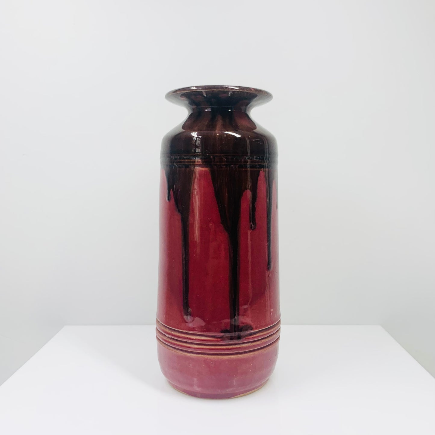 Midcentury pink and brown bleeding glazed pottery vase 