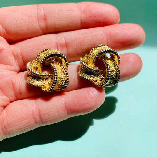 1960s French triple gold plated filigree trilogy knot clip on earrings