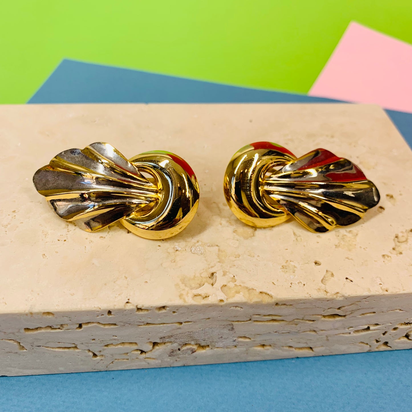 1970s French plated knot ribbon clip on earrings