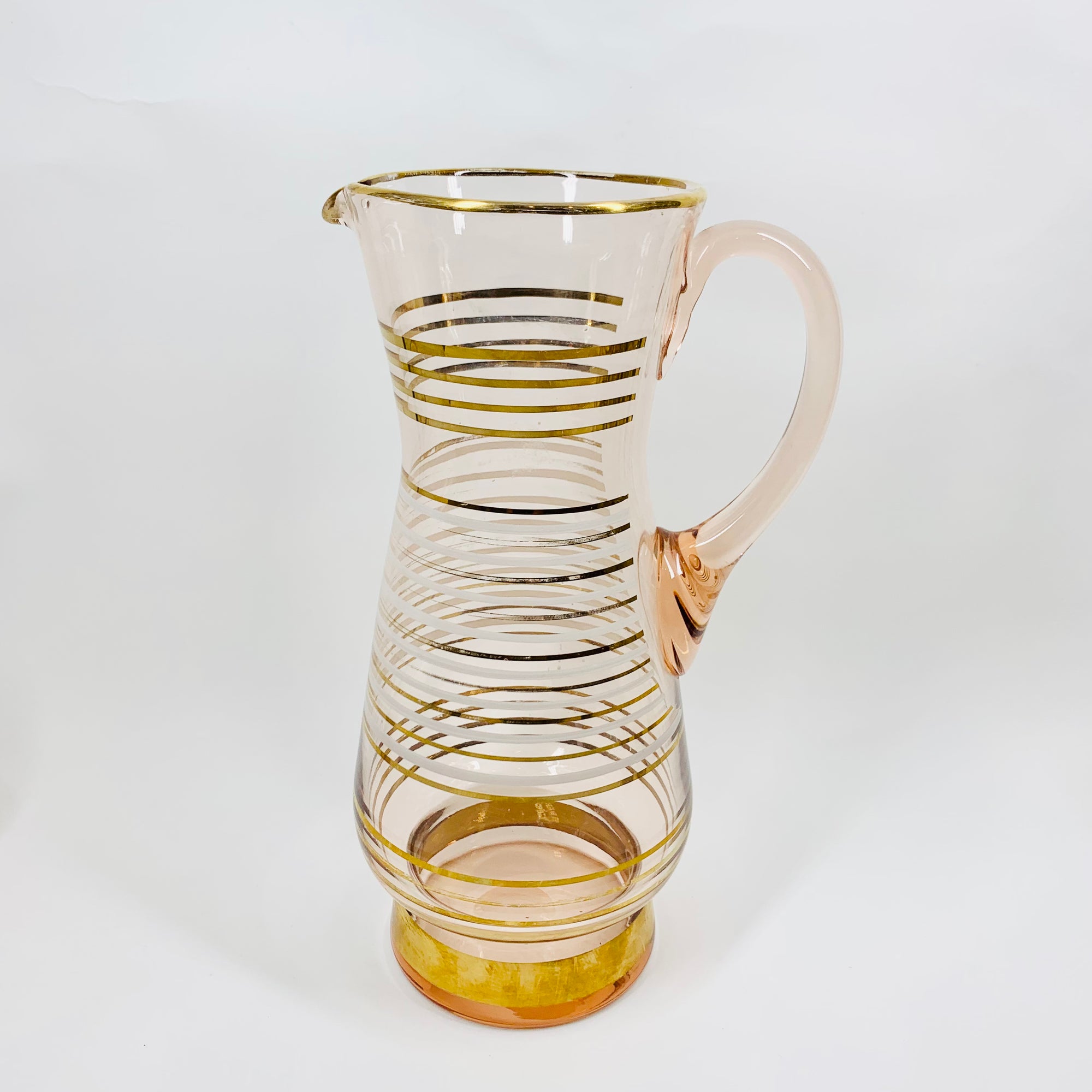Midcentury complete set of pink glass with gold gilding jug and matching glasses