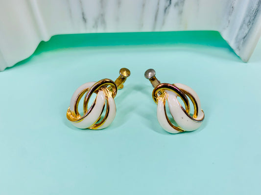 Rare 1960s Italian triple gold plated white enamel knot screw back clip on earrings