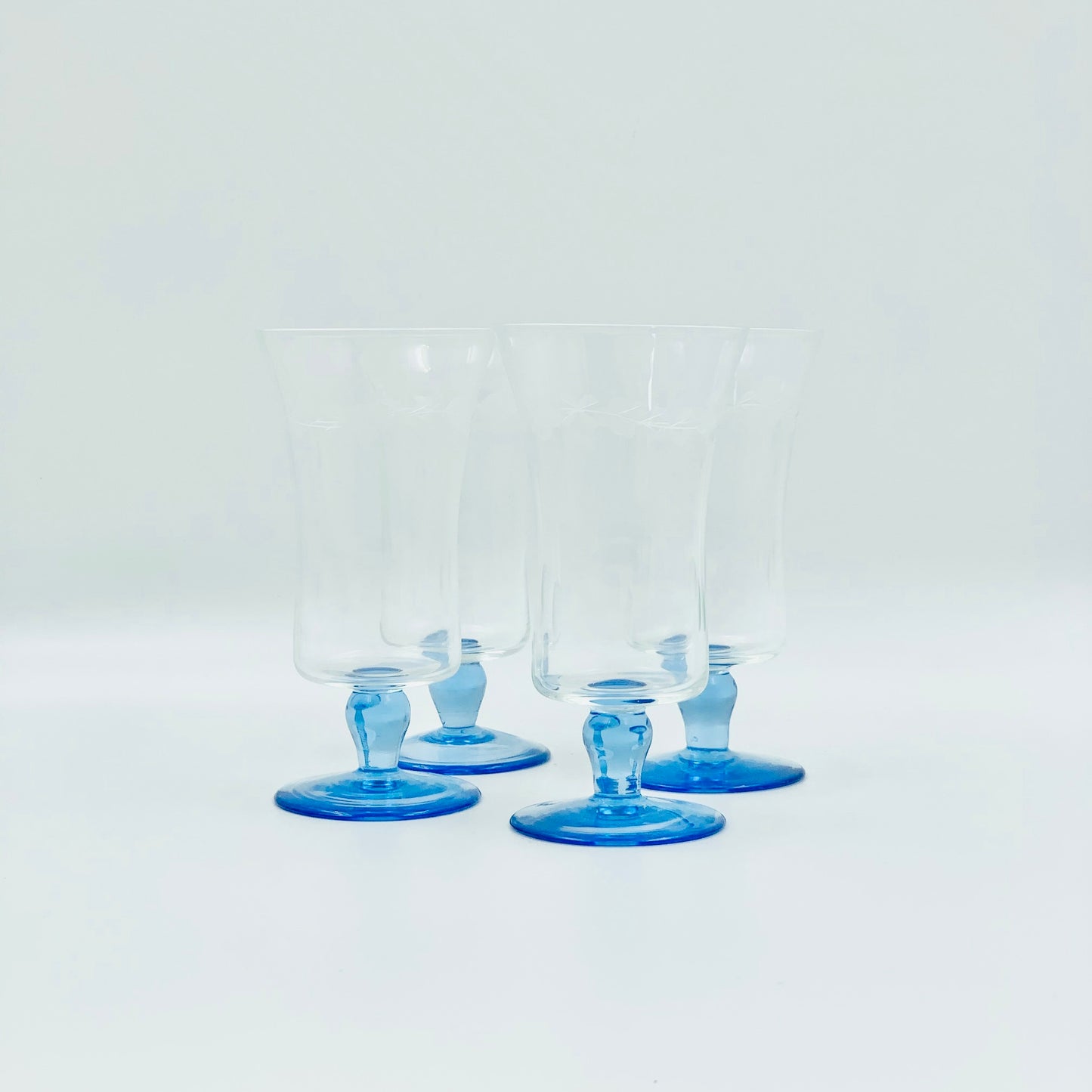 1950s etched blue footed wine/parfait glasses