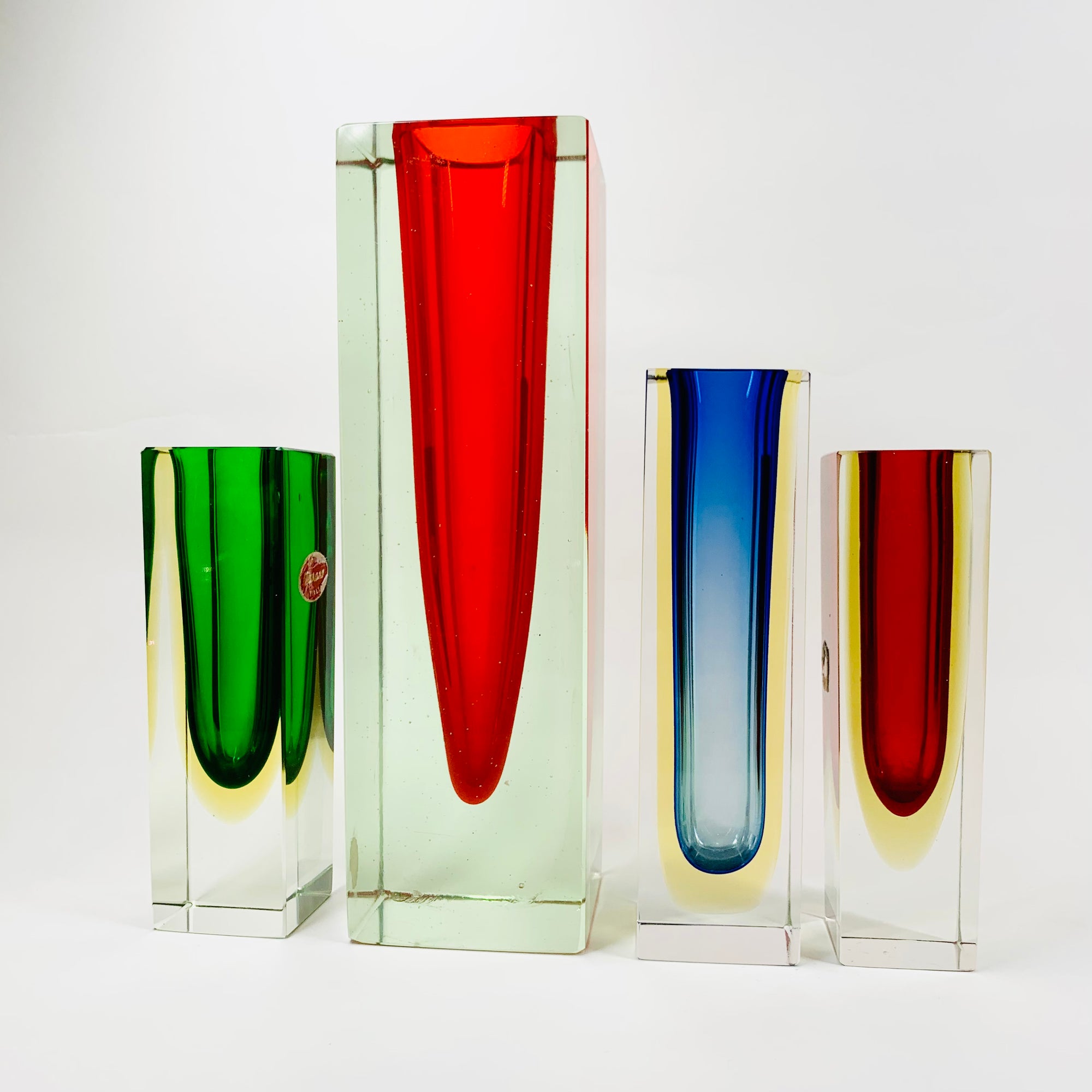 Large MCM red cased green Murano sommerso glass block vase by Mandruzatto
