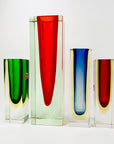 Large MCM red cased green Murano sommerso glass block vase by Mandruzatto