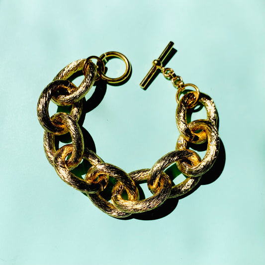 1970s West German gold plated textured anchor links with fob clasp bracelet