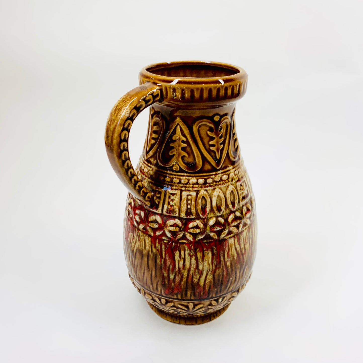 Midcentury hand made West German brown red motif pottery jug/vase