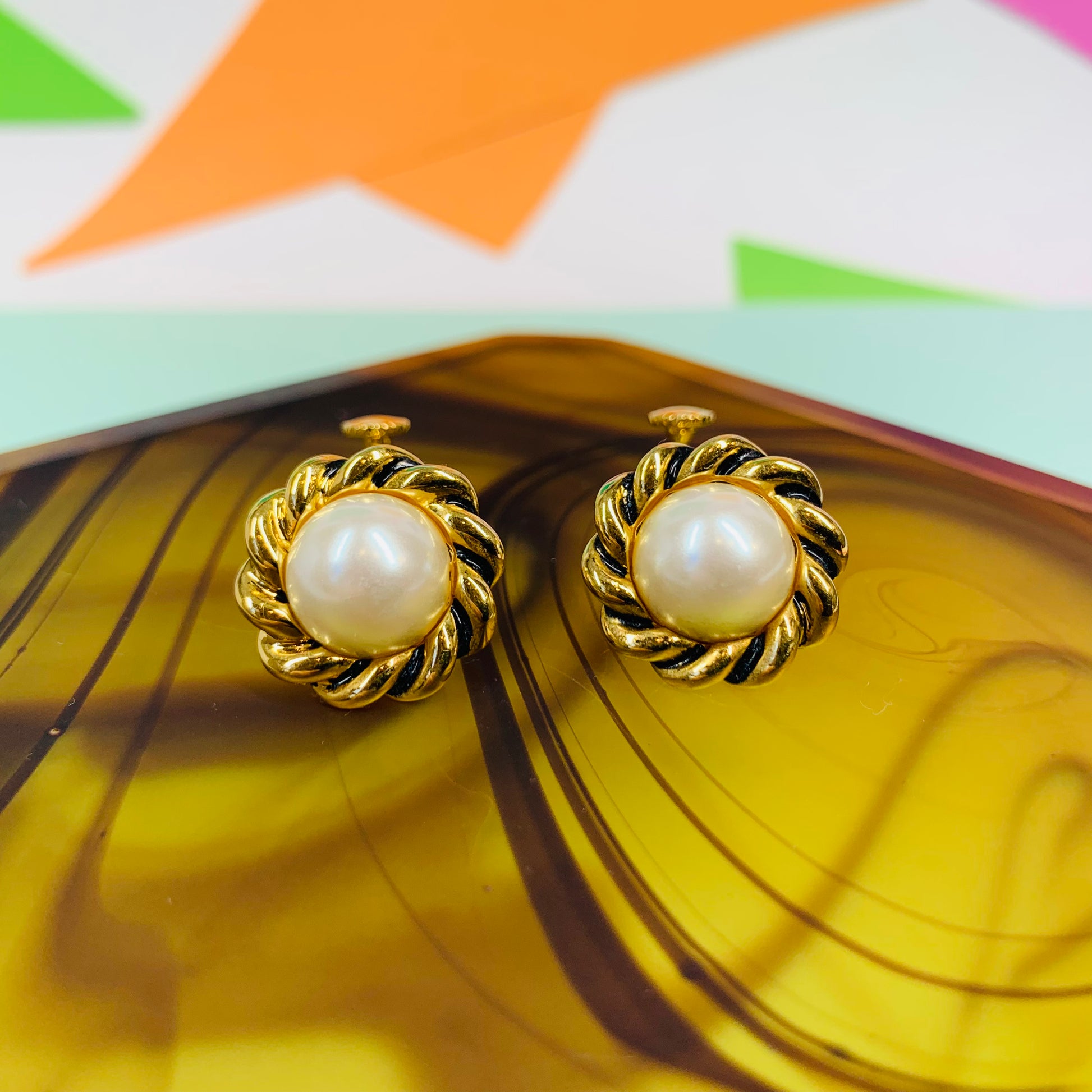 Rare 1970s Barcs triple plated gold clip on pearl button earrings GLASS ET CETERA