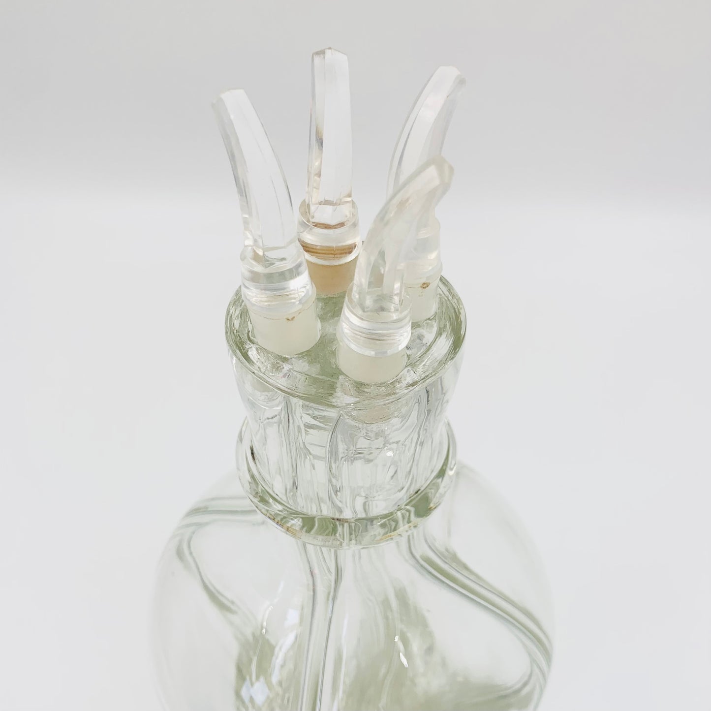 Rare French retro clear glass partitioned condiment decanter/bottle with original stopper