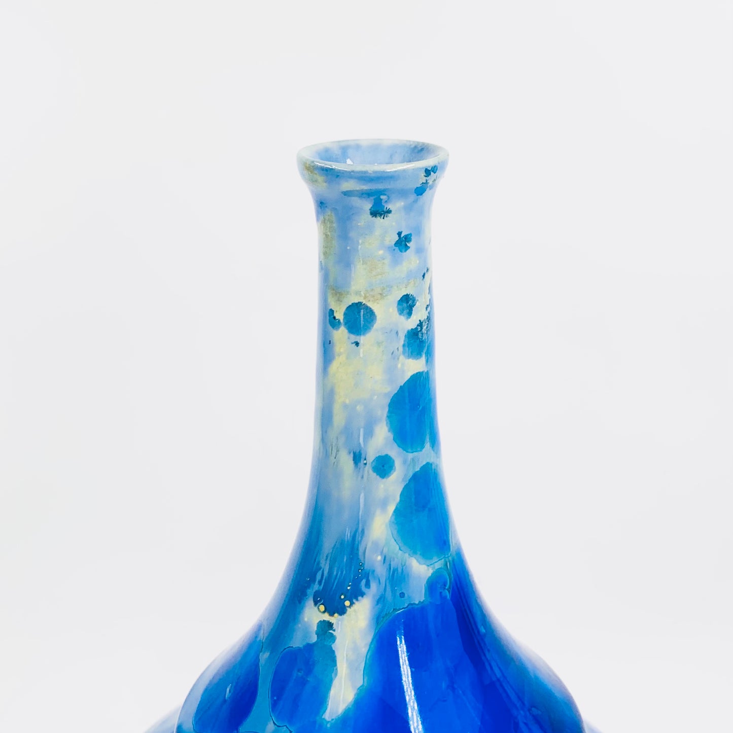 Retro hand made Australian cobalt blue gradient crystalline pottery bottle vase