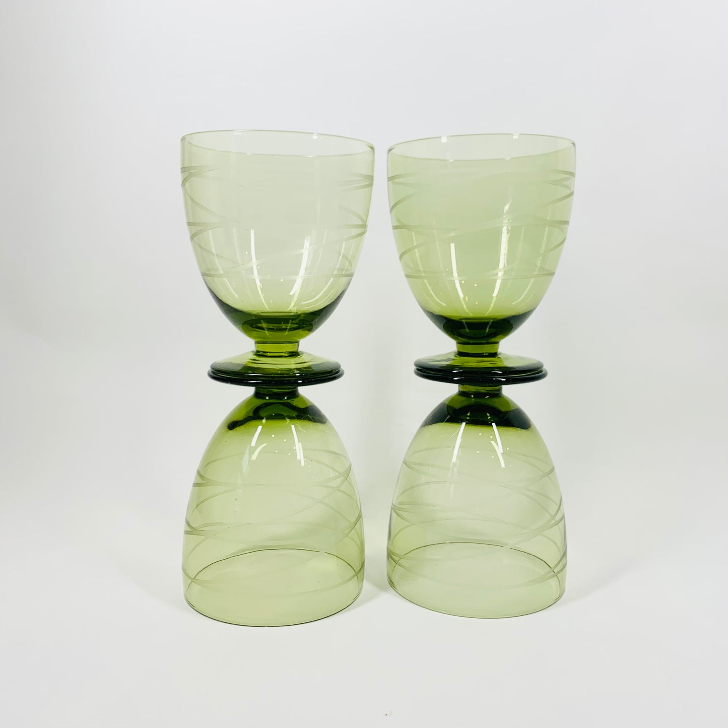 MCM etched green glass coupe/wine glasses