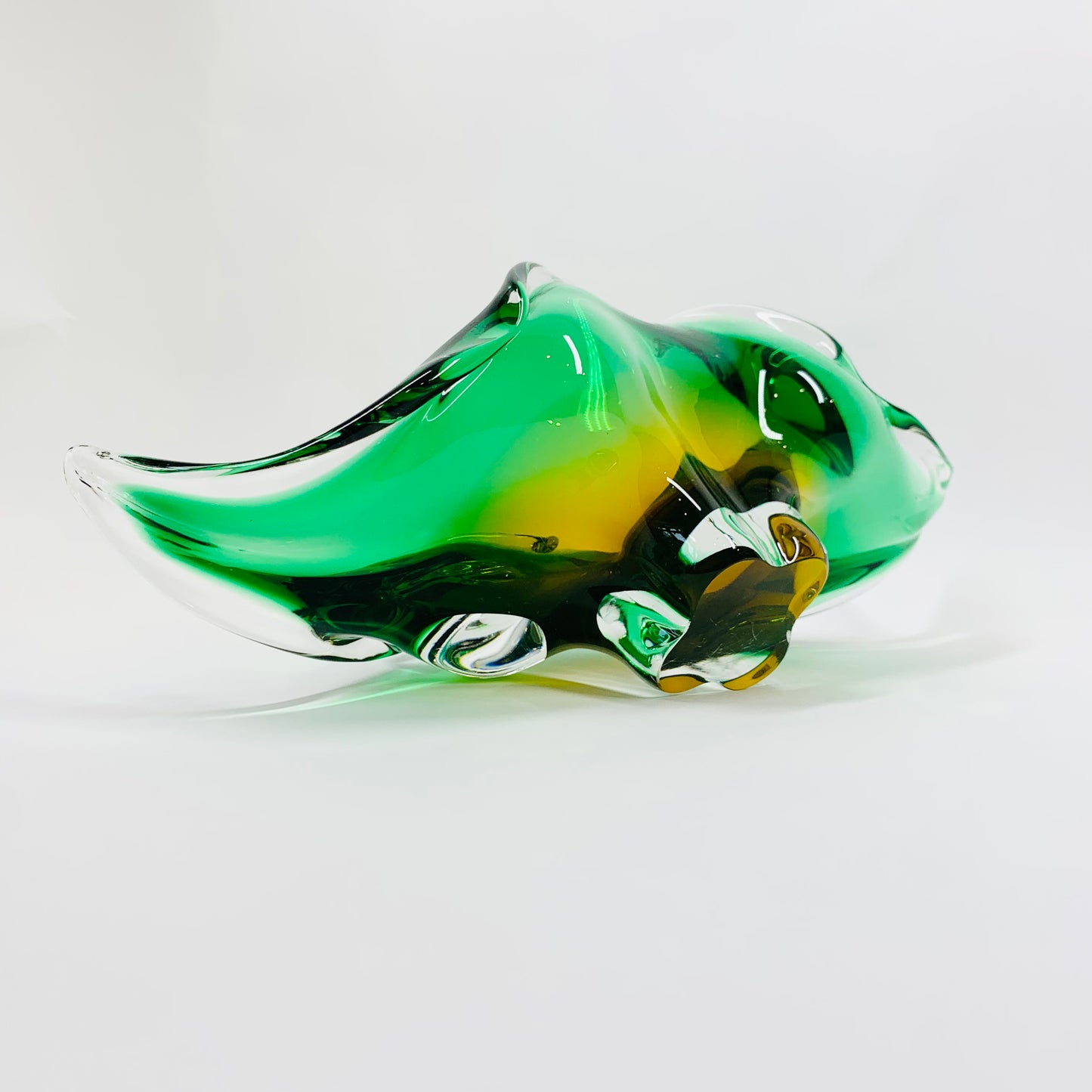 Extremely rare Midcentury Czech Chribska Glassworks green & gold sommerso glass Whiskers bowl by Josef Hospodka