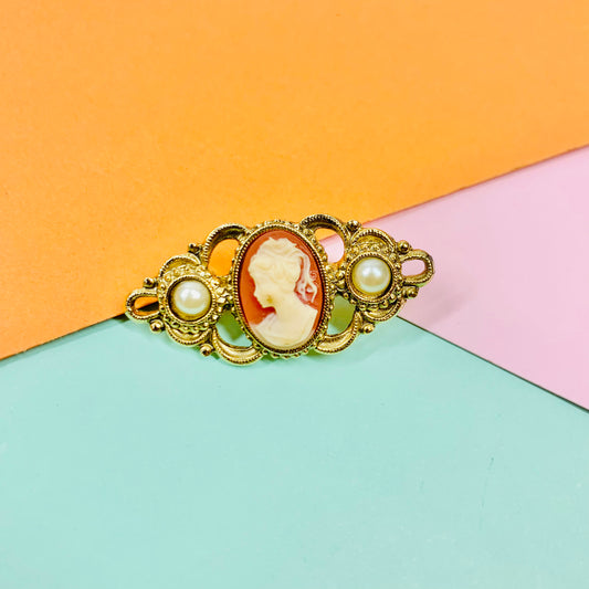Antique triple plated gold costume coral cameo brooch with filigree