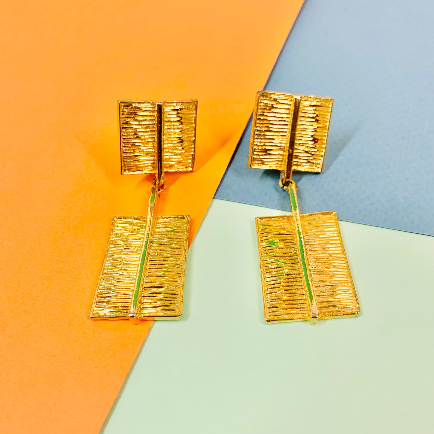 Extremely rare 1960s German brutalist gold plated square drop earrings