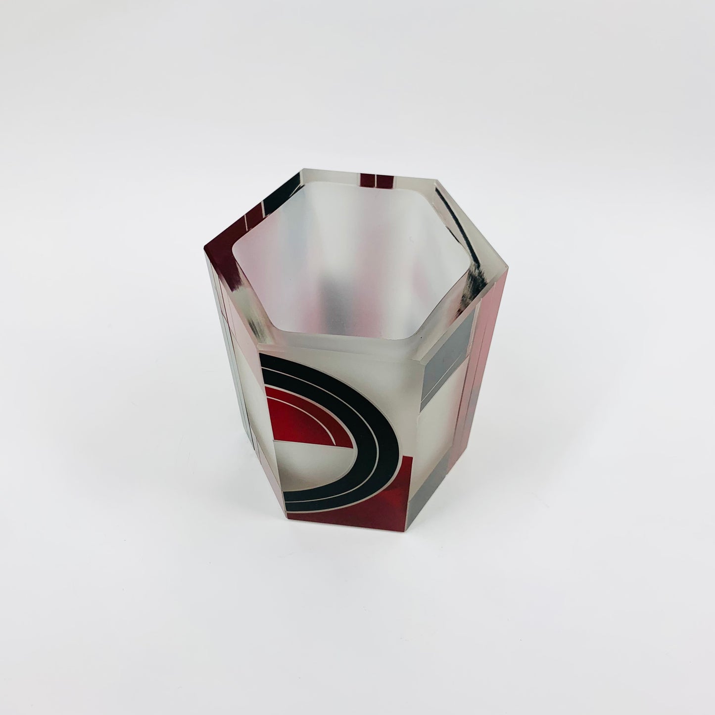 Antique Art Deco black and ruby enamel cased satin hexagons glass posy vase by Karl Palda