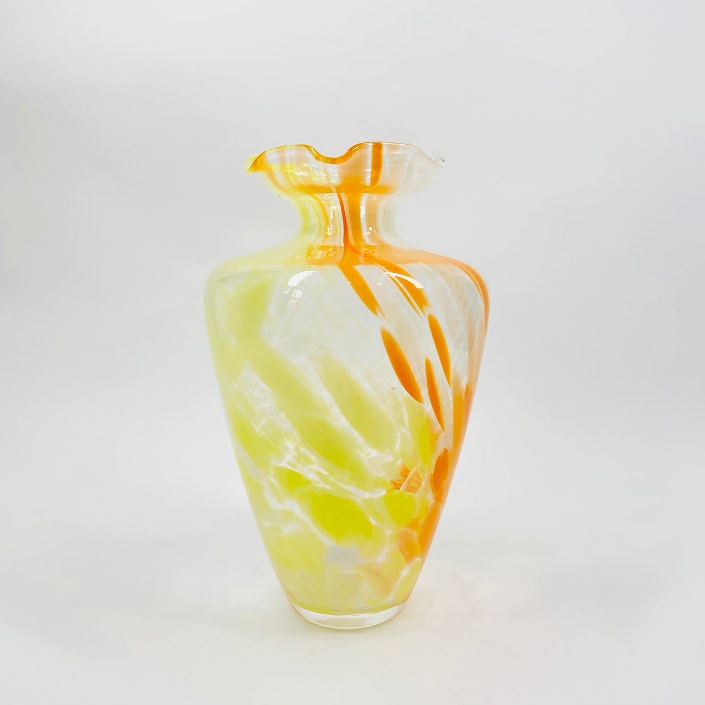 MCM ruffle rim Murano yellow, orange & white speckle glass vase