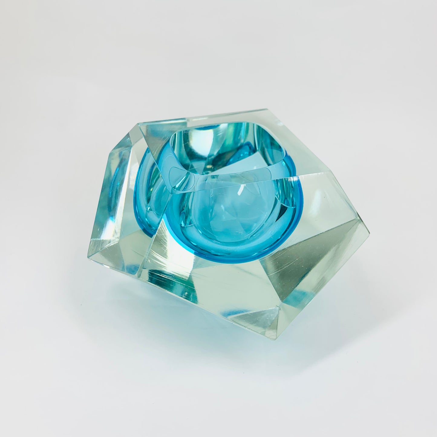 Extremely rare MCM blue Murano Sommerso faceted glass geode bowl by Mandruzatto