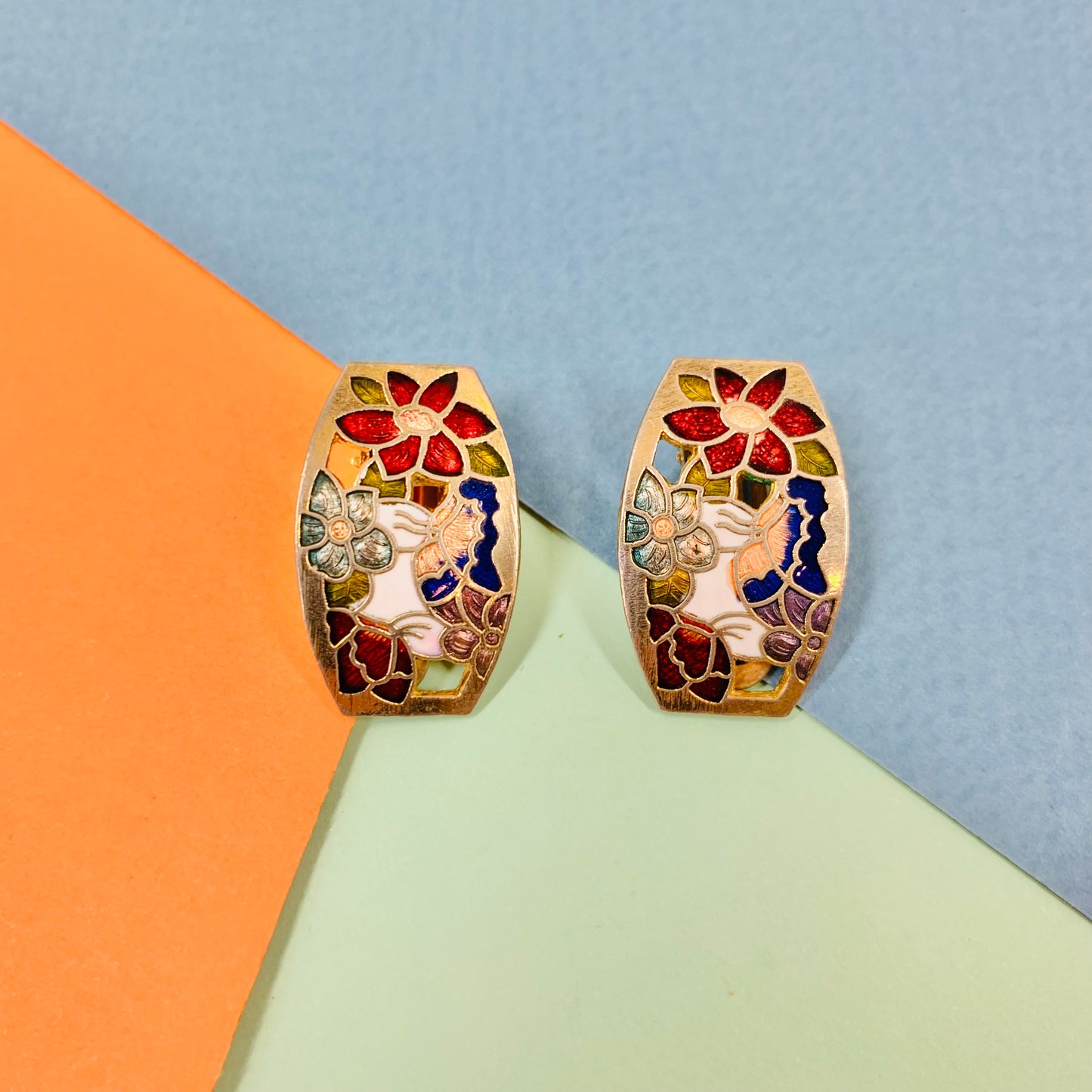 1950s triple gold plated silver cloisonné clip on earrings