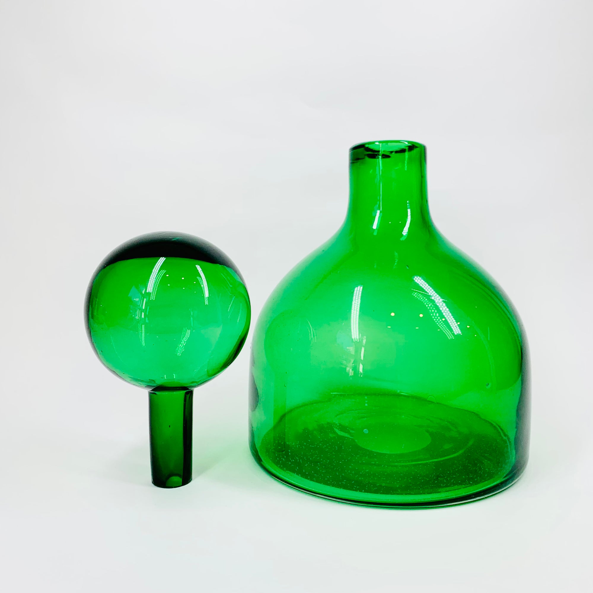 Rare mouth blown vintage Pols Potten green glass decanter bottle with matching stopper