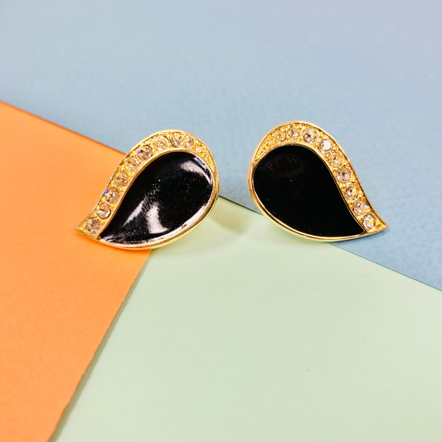Rare 1960s gold plated tear drop black enamel stud earrings