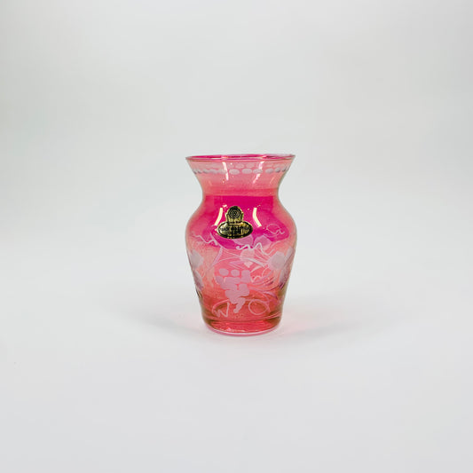 Vintage Austrian flashed pink etched crystal mini vase