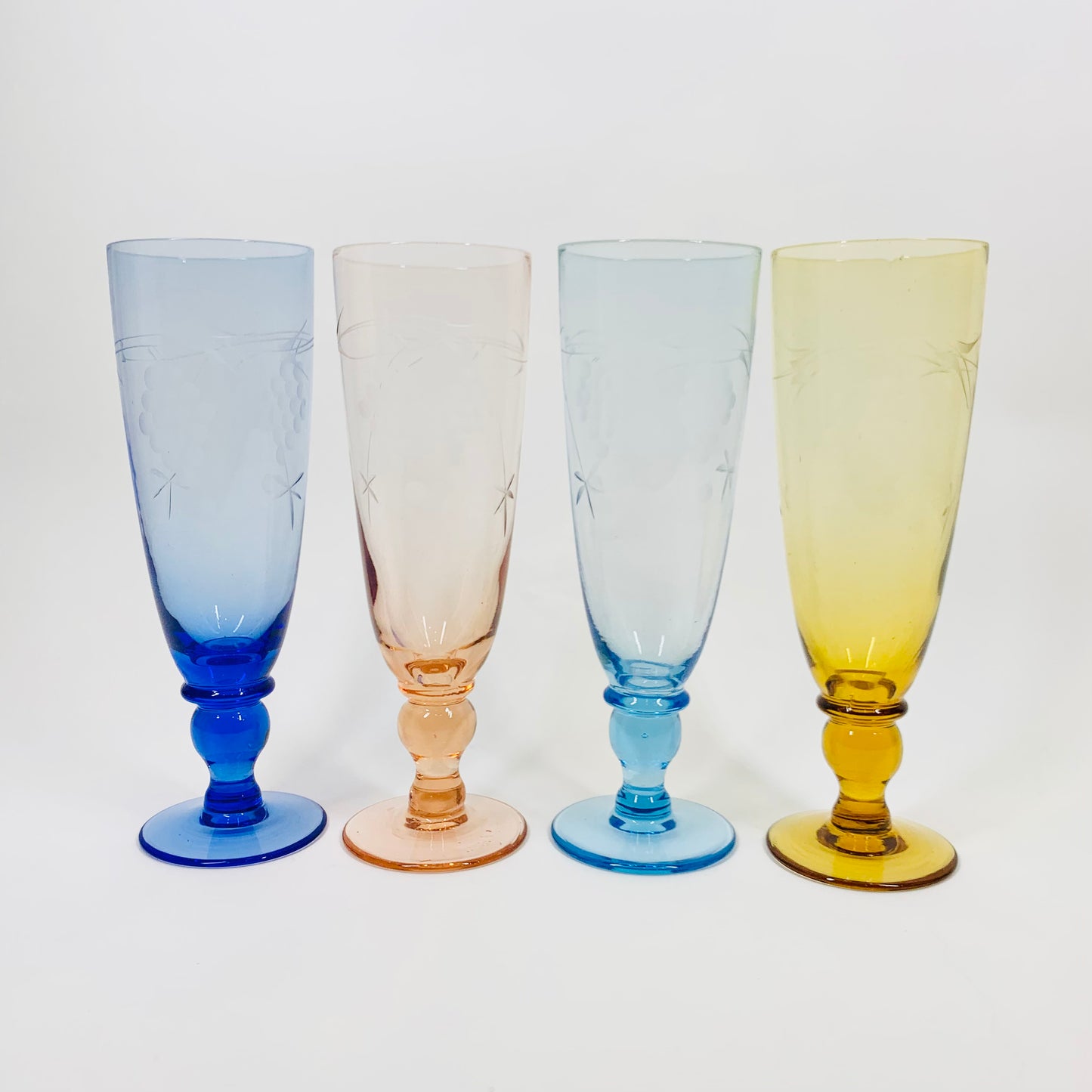 1940s harlequin hand etched vine pattern glass champagne flutes