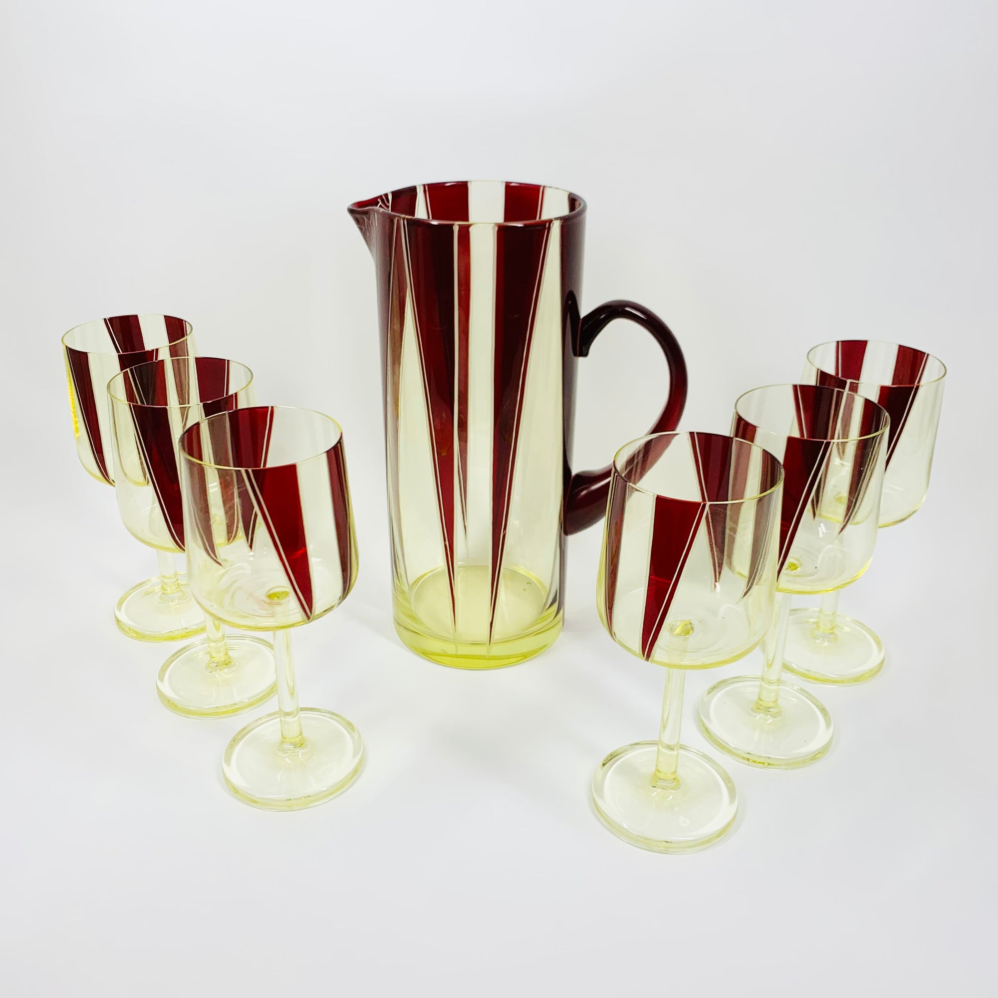 Extremely extremely rare antique Art Deco ruby enamel and citrine glass jug and matching wine glasses set by Karl Palda