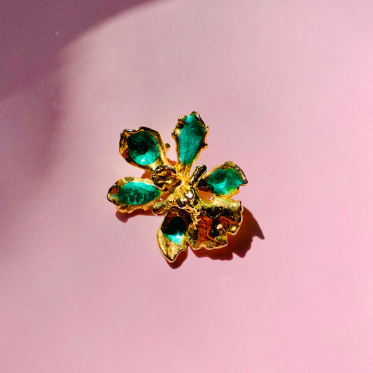 Rare vintage Risis 24K gold plated orchid brooch with turquoise enamel
