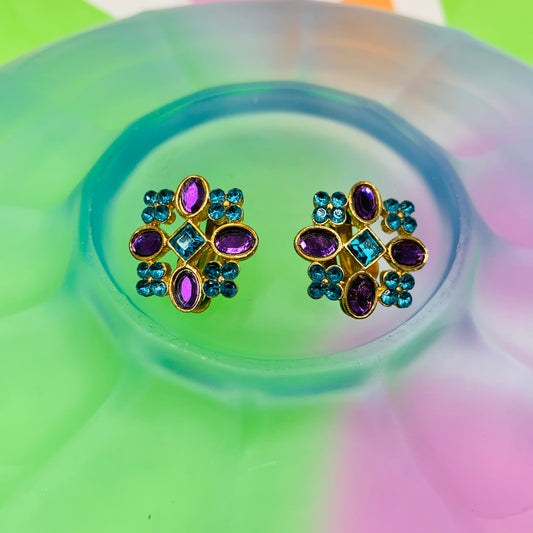 1950s purple & blue rhinestones clip on button earrings