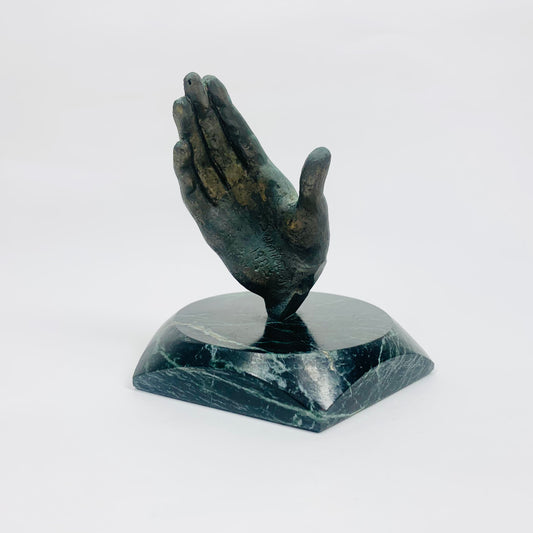 Rare 1980s post-modern steel hand sculpture on green marble base