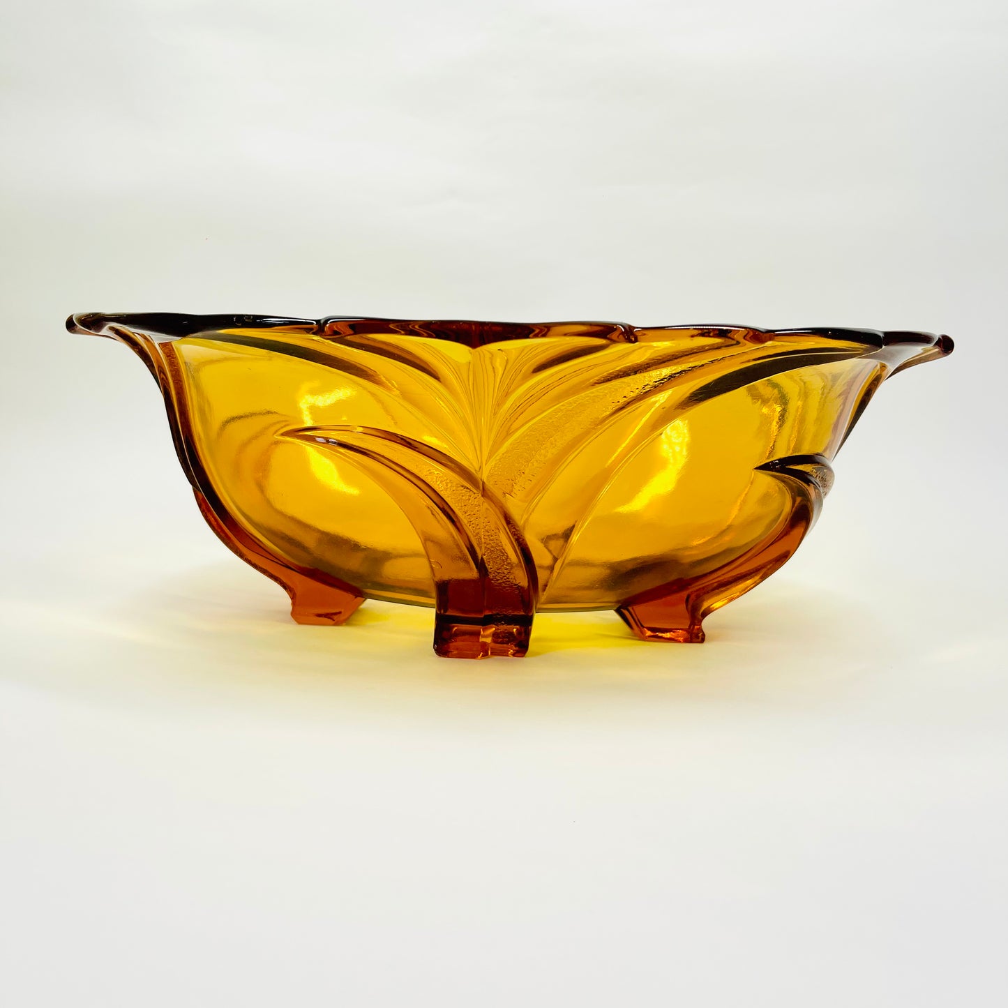 Art Deco sail pattern amber footed glass bowl