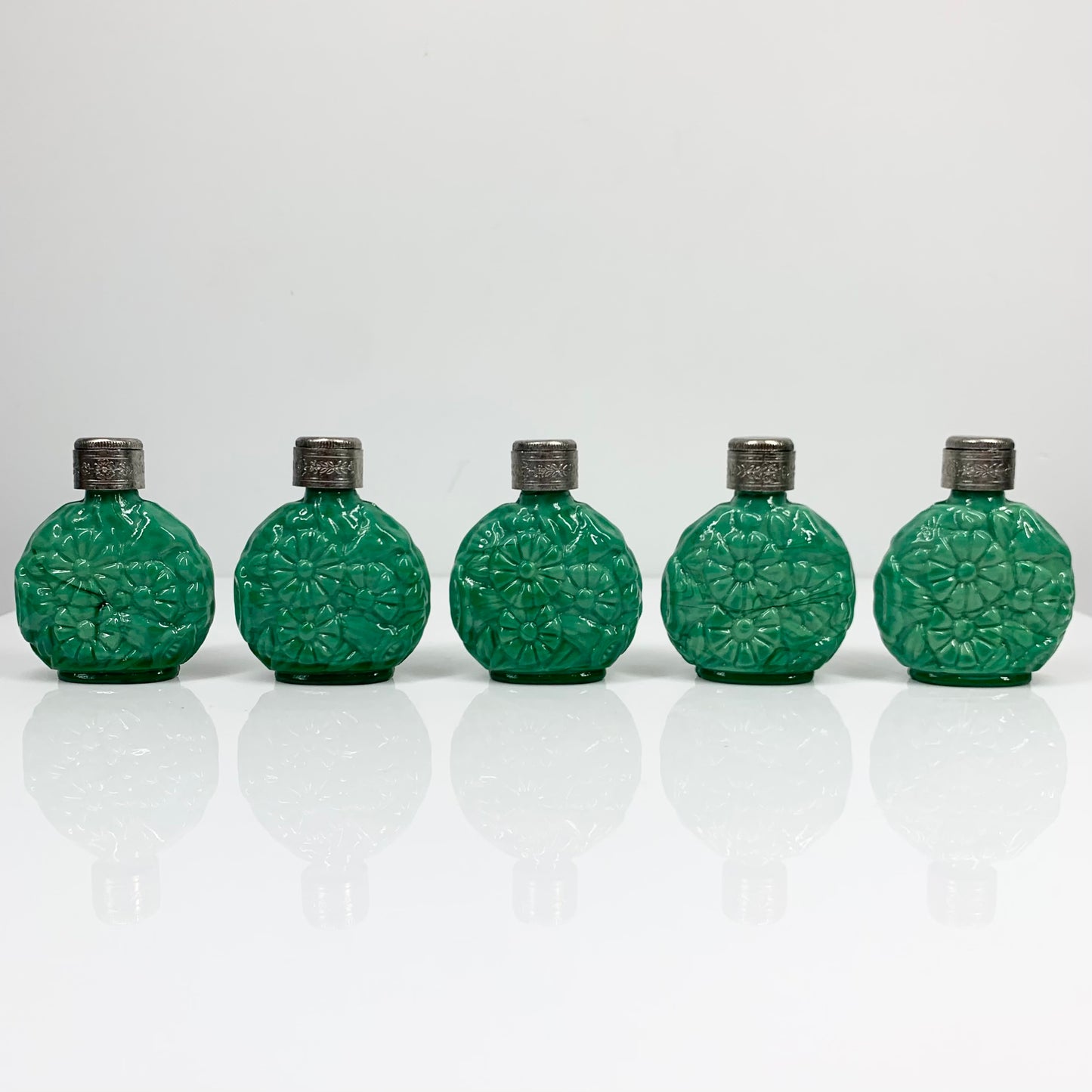 Antique hand carved Bohemian malachite mini perfume bottle with silver plated stopper