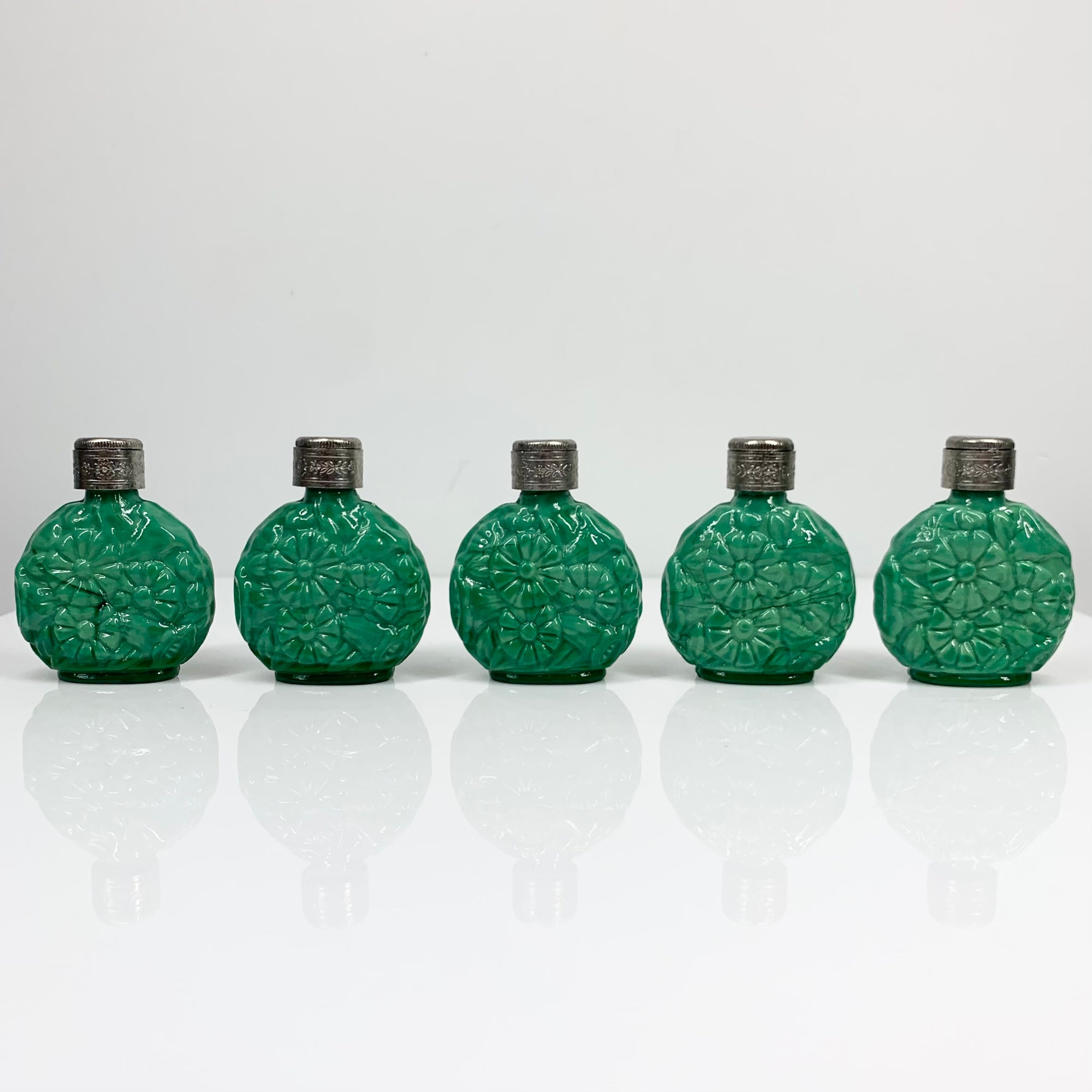Antique hand carved Bohemian malachite mini perfume bottle with silver plated stopper