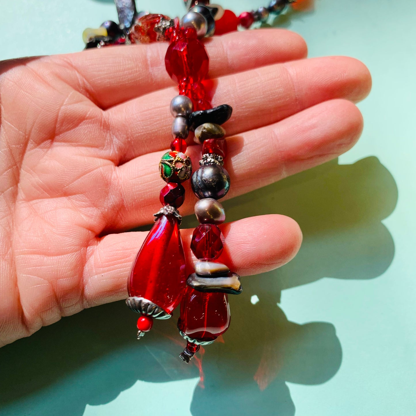 1970s multicolour Murano glass & cloisonné beads tassel necklace