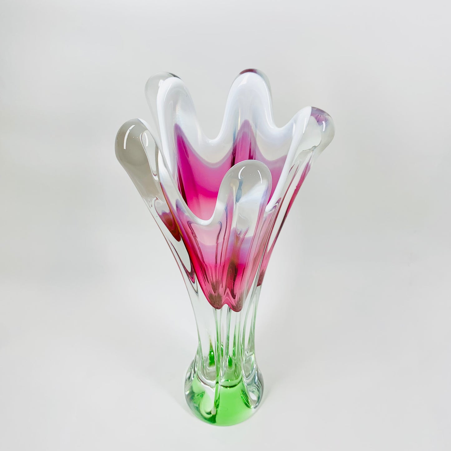 Rare Midcentury large Czech Skrdlovice swung pink green white sommerso glass vase