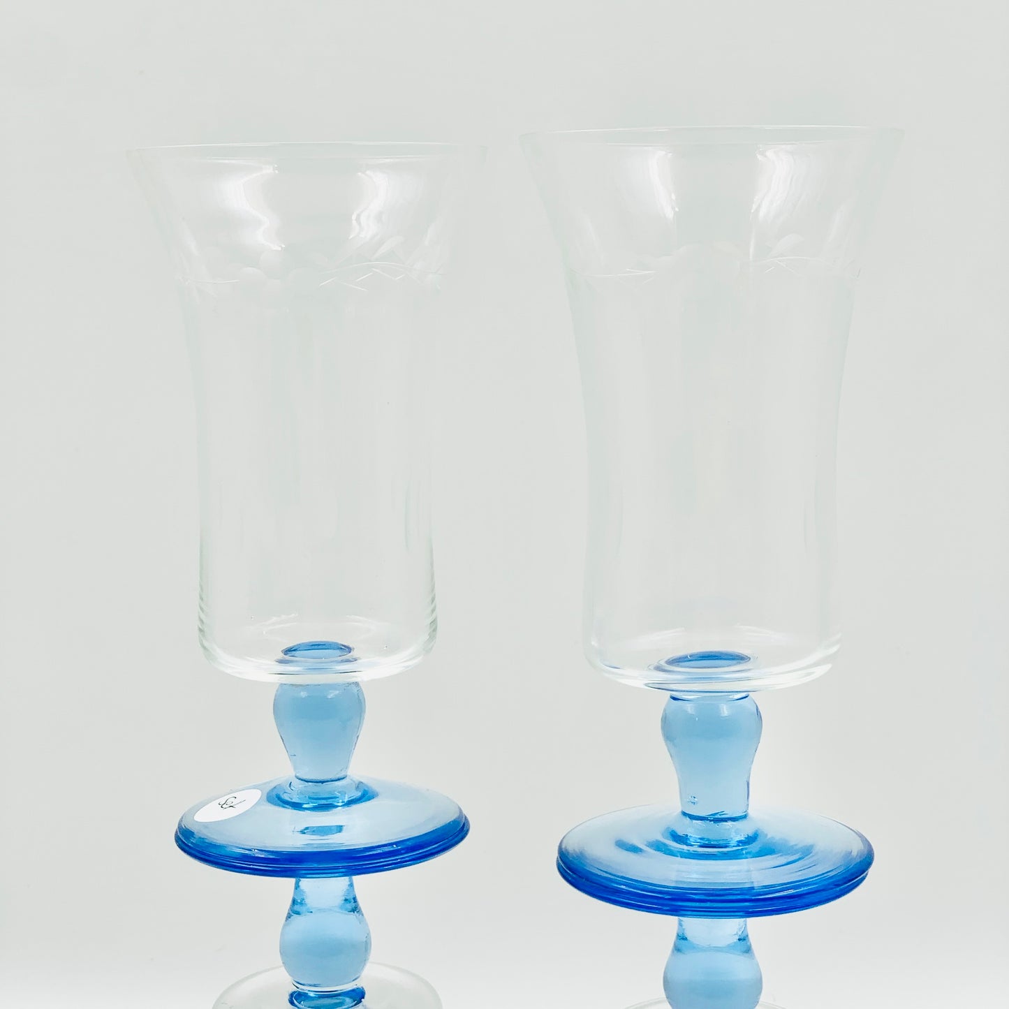 1950s etched blue footed wine/parfait glasses
