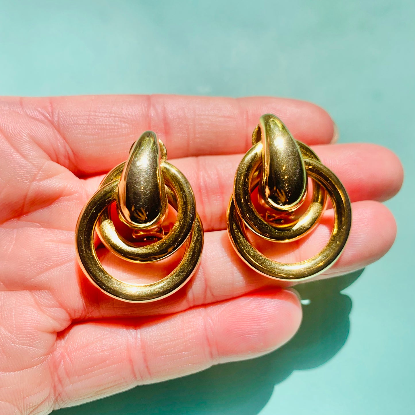 Rare 1980s triple gold plated double hoops drop clip on earrings by Monet