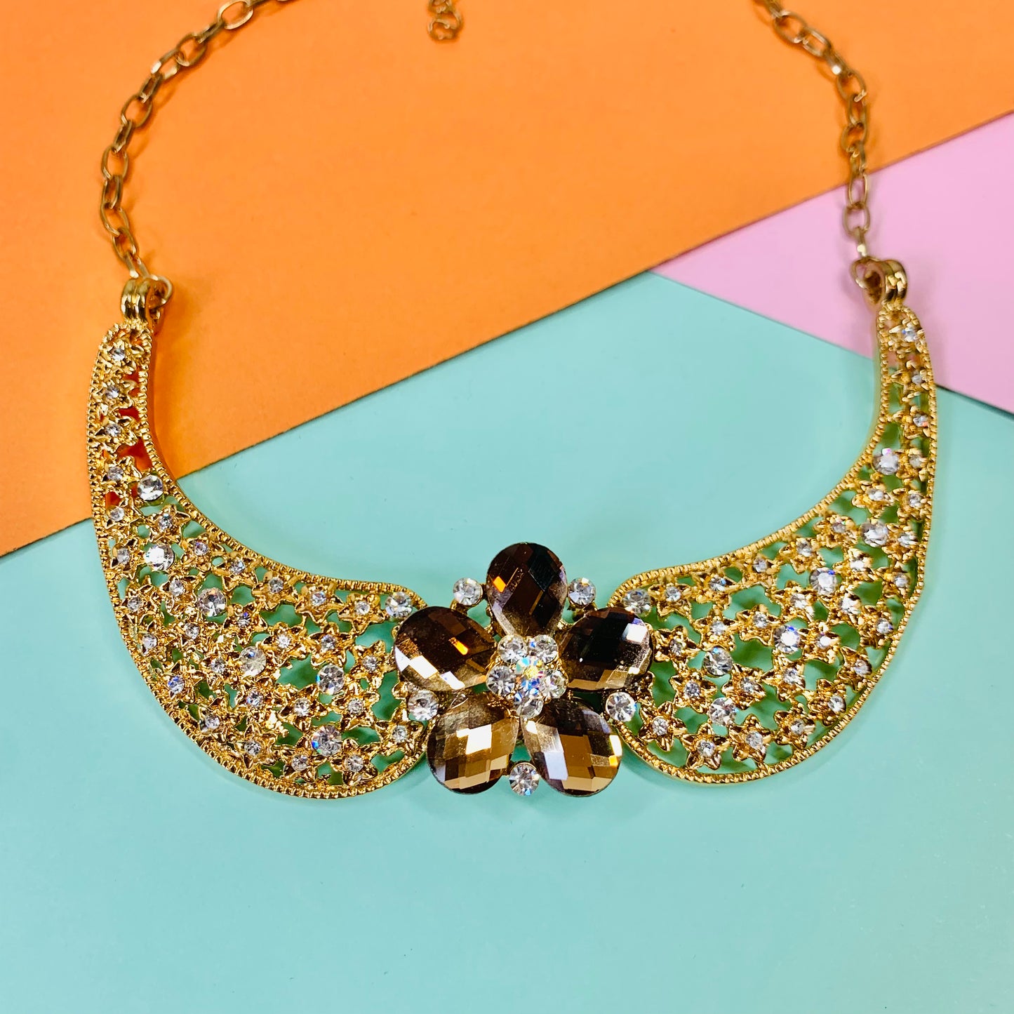 1980s Coro triple plated gold statement necklace with daisy crystals pendant and rhinestones