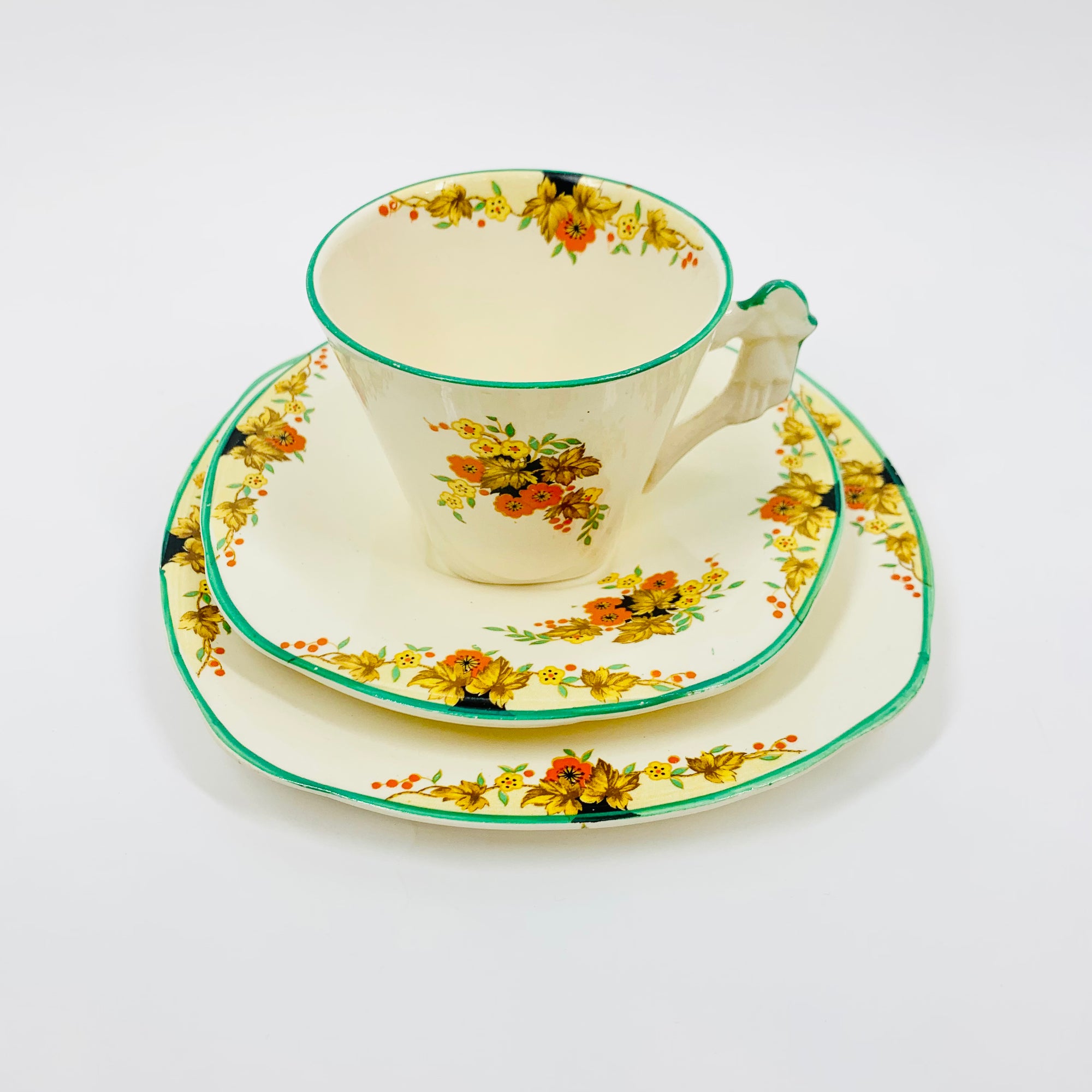 Burleigh Ware Zenith Art Deco Hand Painted Porcelain Coffee Cup and Matching Saucer