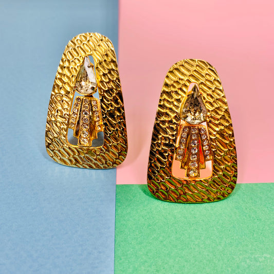 Extremely rare 1980s Egyptian revival statement gold plated rhinestone stud earrings