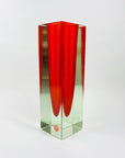 Large MCM red cased green Murano sommerso glass block vase by Mandruzatto