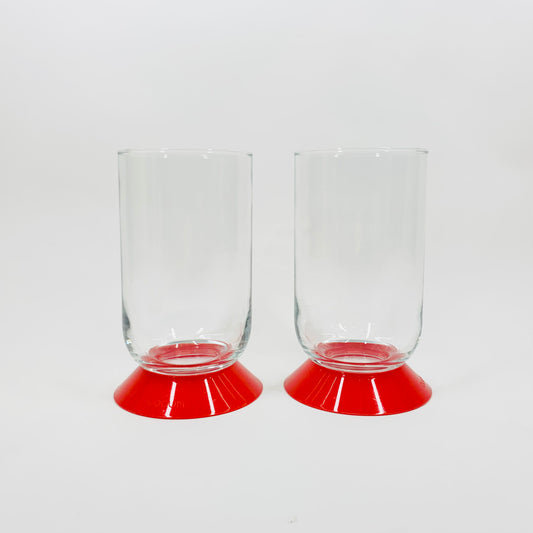 Retro Bodum tall water glasses/highball with red sleeves