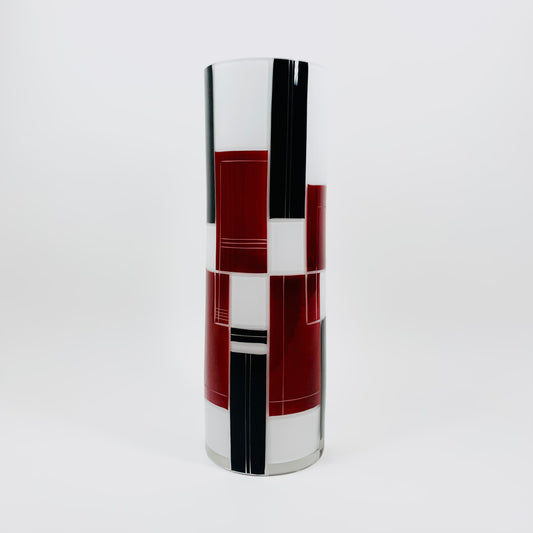 Extremely rare 1940s Baus Haus cased white black and ruby enamel cylinder glass vase by Karl Palda