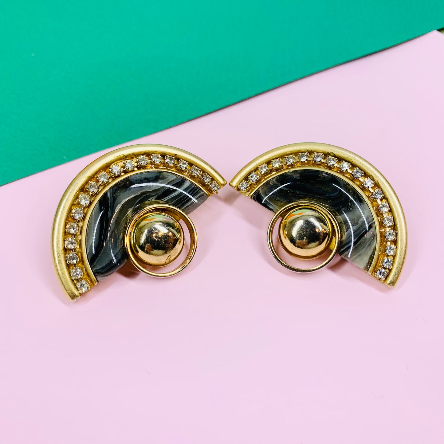 Extremely rare 1970s Egyptian revival fan rhinestone stud earrings