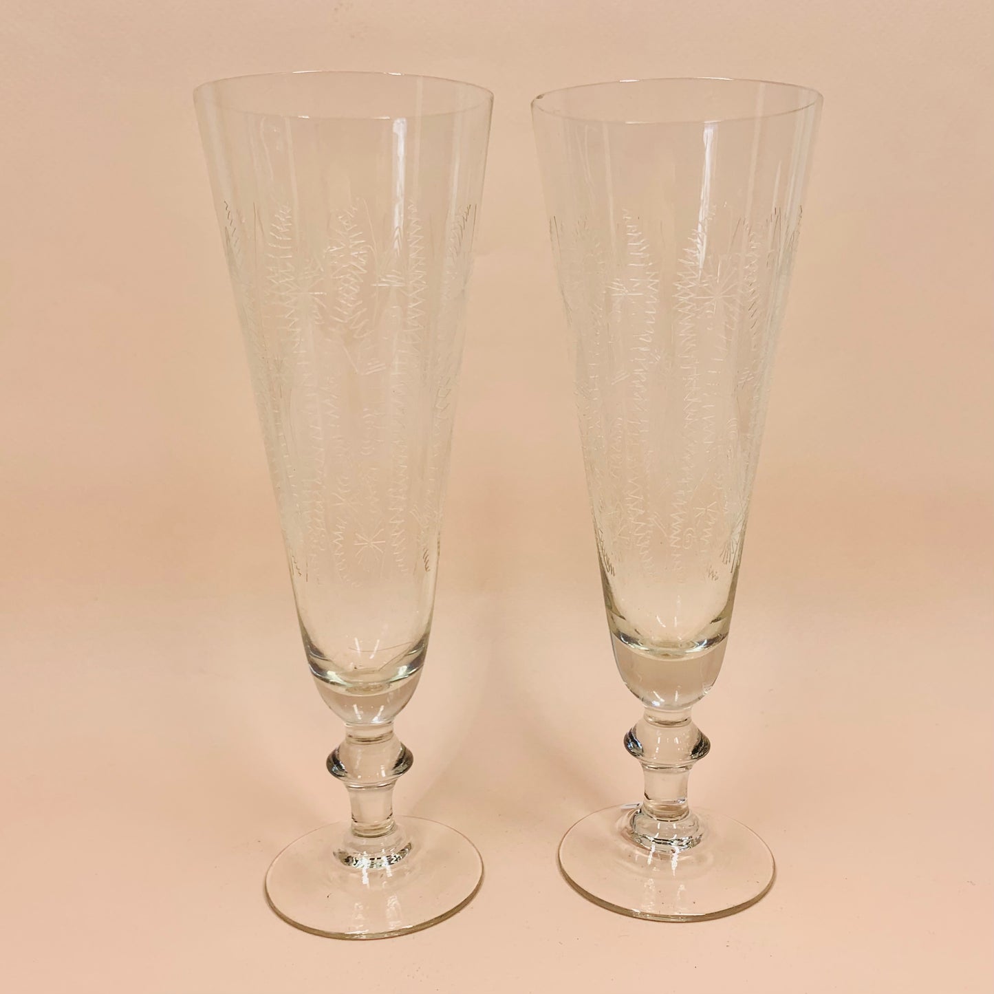 Antique hand etched glass champagne flutes