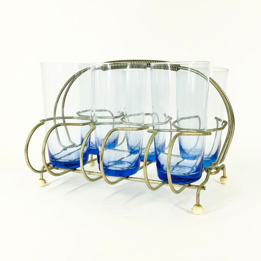 Midcentury blue glass water tumblers with caddy