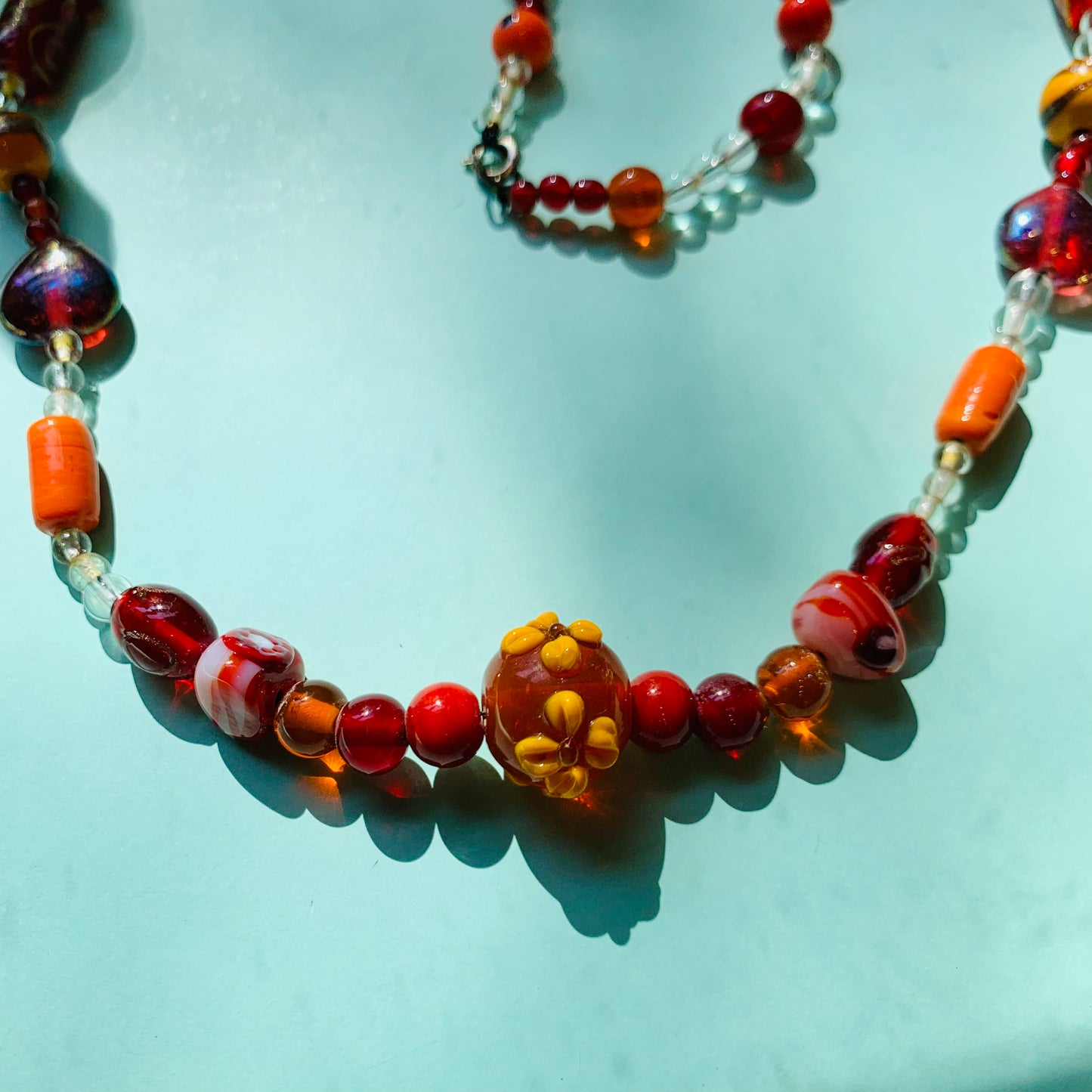 1970s red orange Murano glass beads necklace